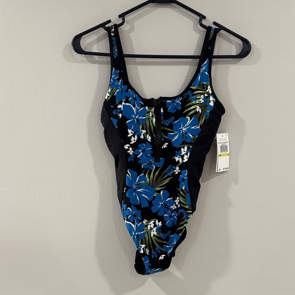 NWT Michael Kors Blue and black Floral Swim zipper One Piece - Picture 2 of 6